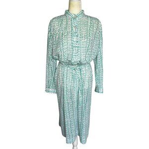 Vintage 70s Serbin Seafoam Green Abstract Print Belted Dress Long Sleeve Sz 16